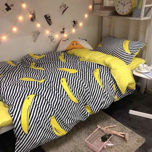 Black White Stripe Yellow Banana Double Sided Pillow And Duvet Cover