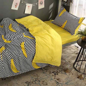 Black White Stripe Yellow Banana Double Sided Pillow And Duvet Cover