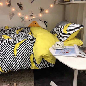 Black White Stripe Yellow Banana Double Sided Pillow And Duvet Cover